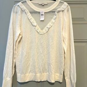 NEW Loft Cream Ruffle Sheer Dot Yoke Mixed Media Sweater
